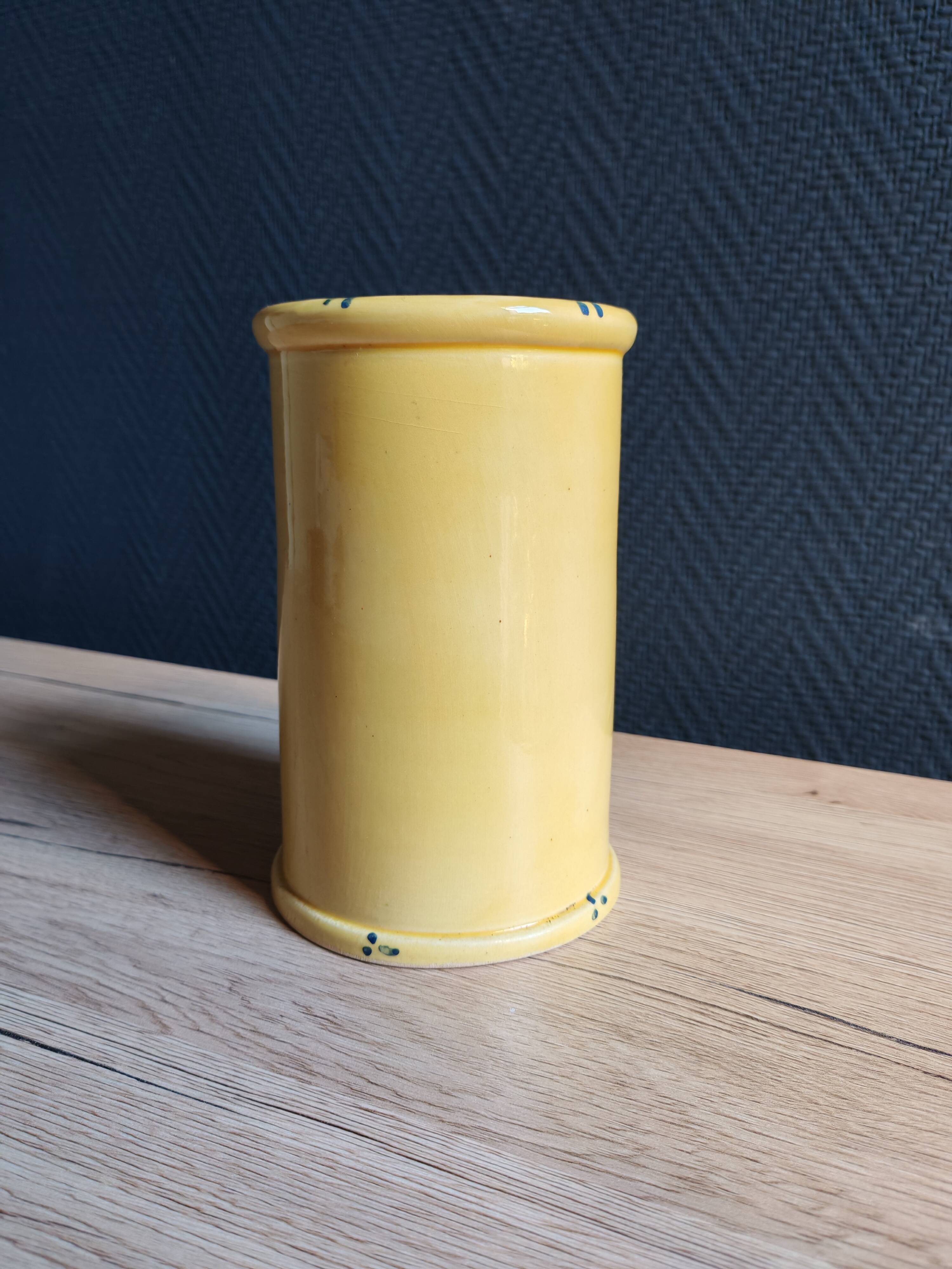 Vintage 1960s Vallauris Yellow Ceramic Vase, Blue Peacock Feather Decor