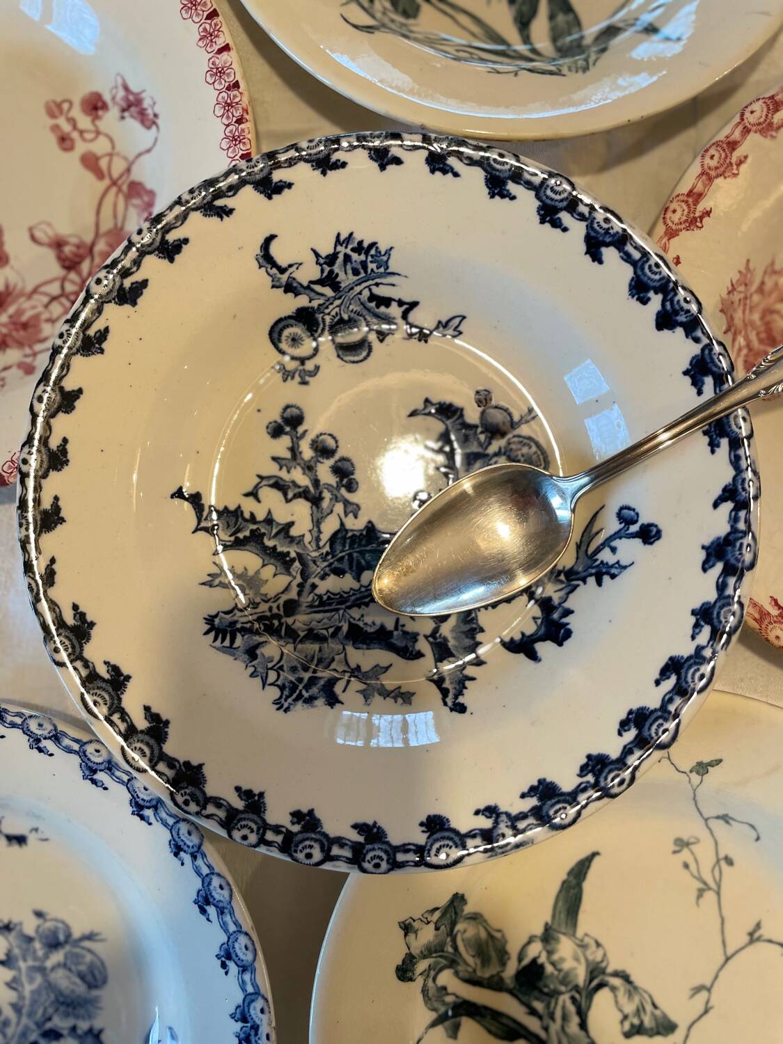 6 Mismatched Terre de Fer Hollow Plates Gien Late 19th Early 20th