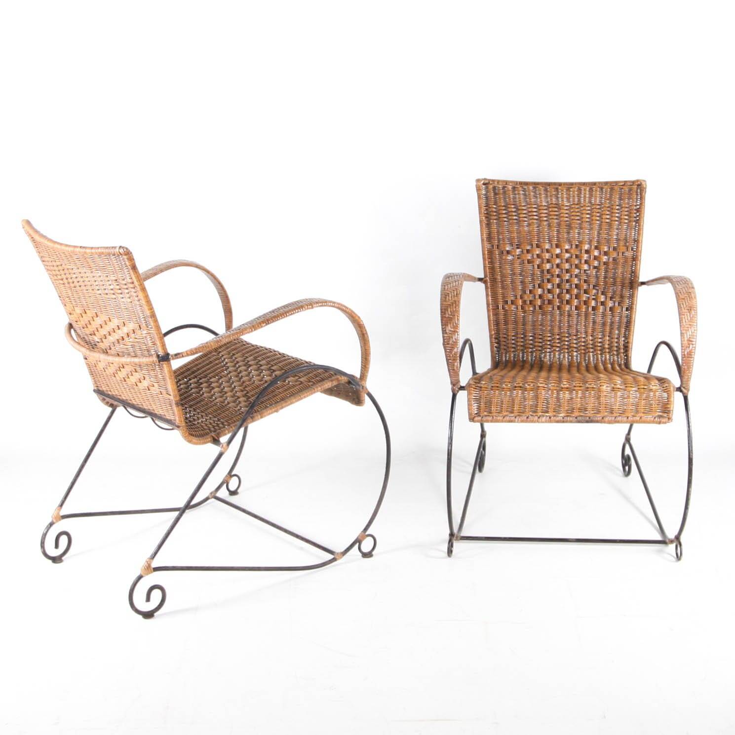 Pair of rattan and iron armchairs