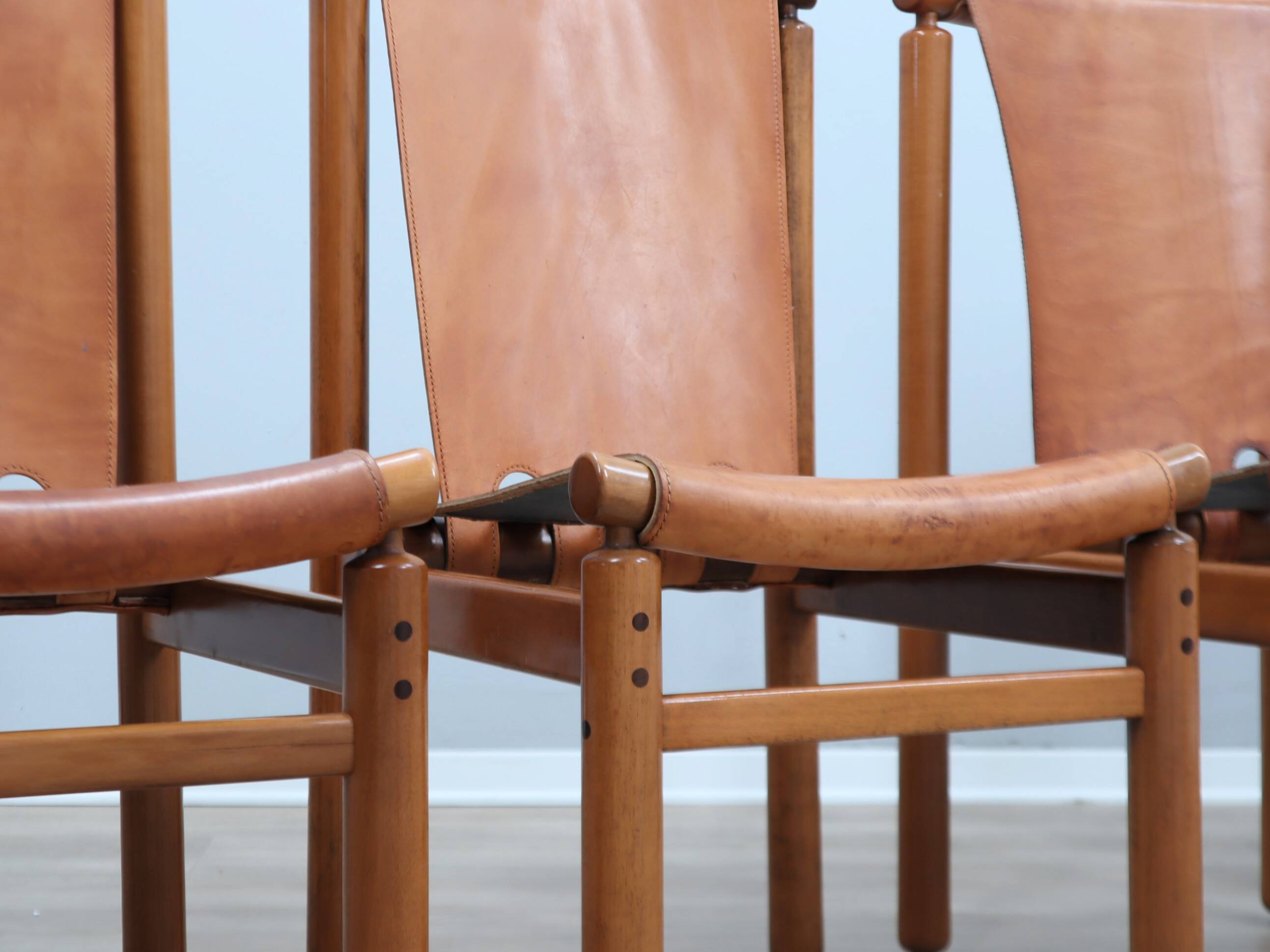 Set of 4 Ilmari Tapiovaara for La Permanente walnut & leather chairs 1960s