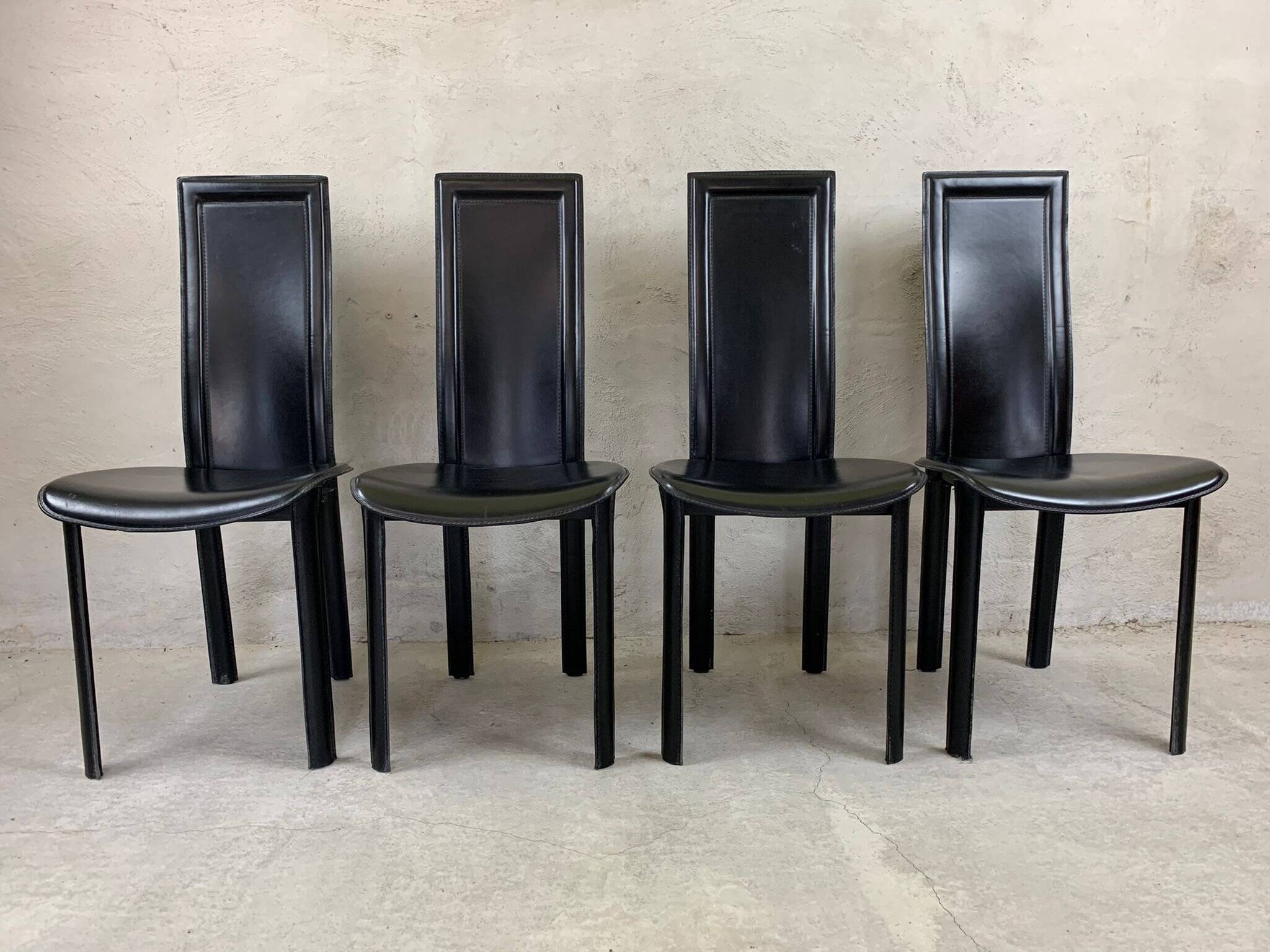 Set of 4 Italian Black Leather Dining Chairs