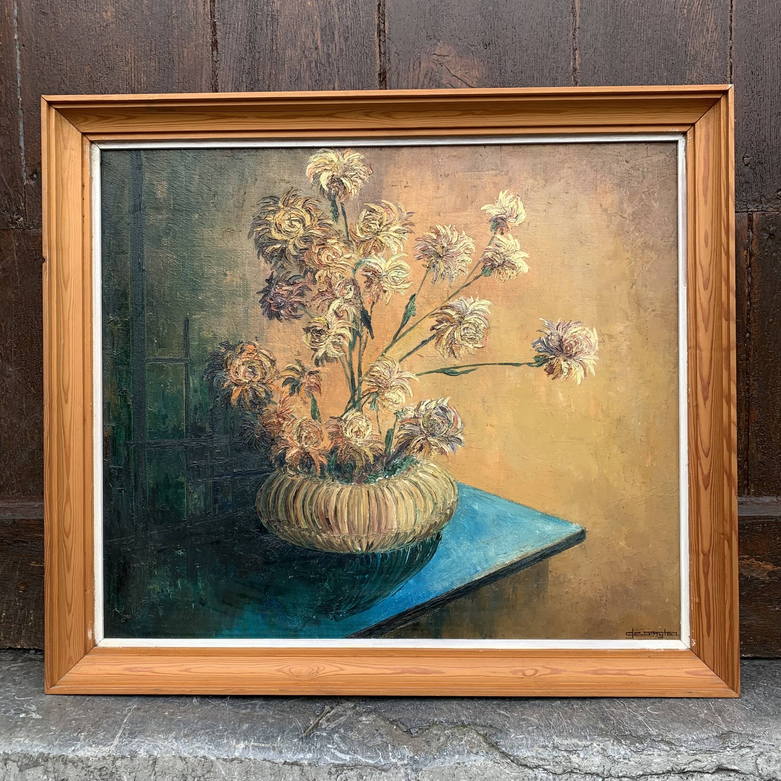 Oil on canvas still life with chrysanthemums