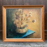 Oil on canvas still life with chrysanthemums