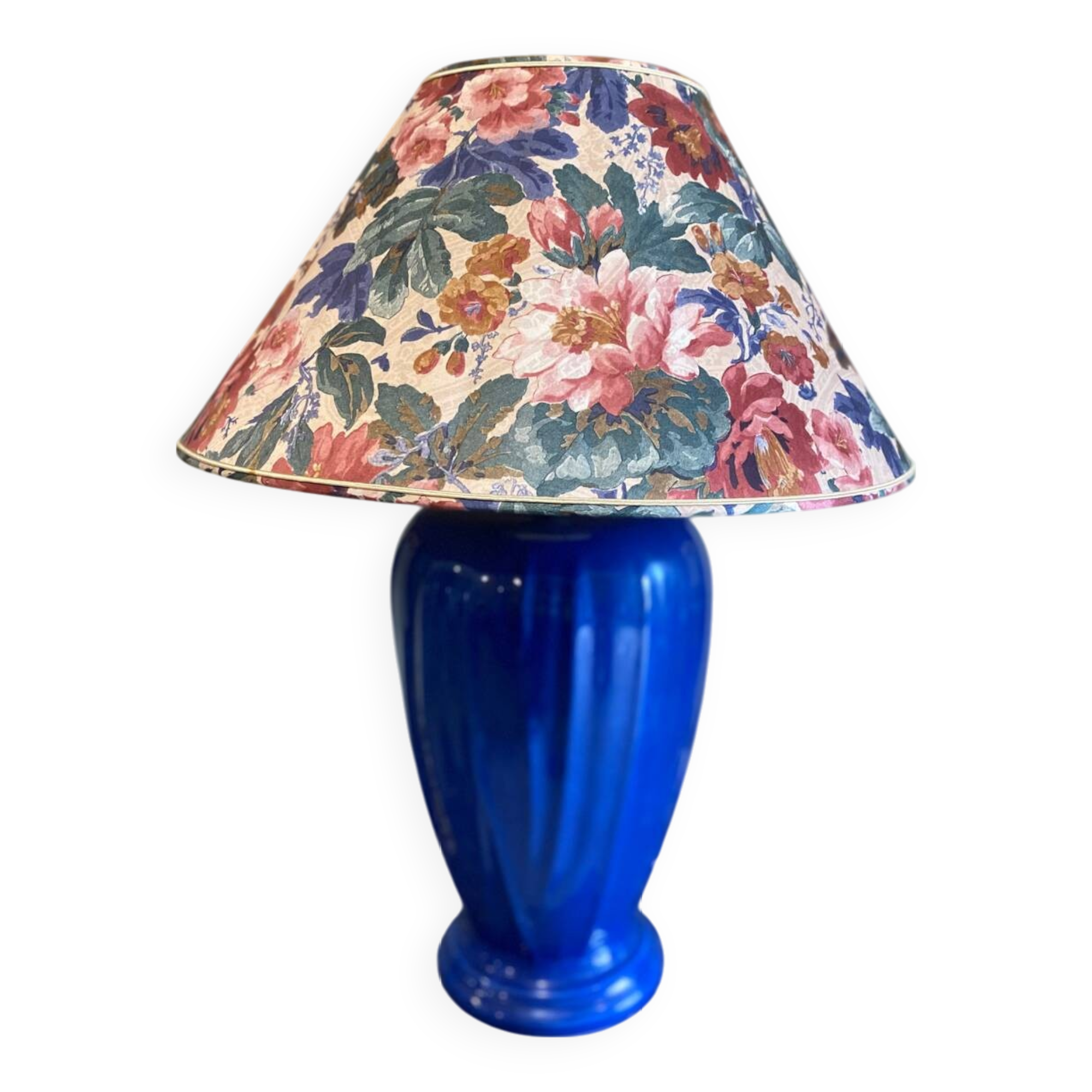 Large blue ceramic lamp with floral shade
