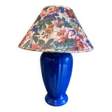 Large blue ceramic lamp with floral shade