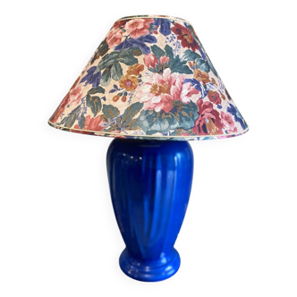 Large blue ceramic lamp with floral shade