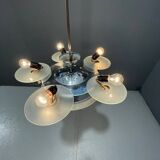 Lustre Art déco en métal chromé et verre dépoli, Tchécoslovaquie années 1930