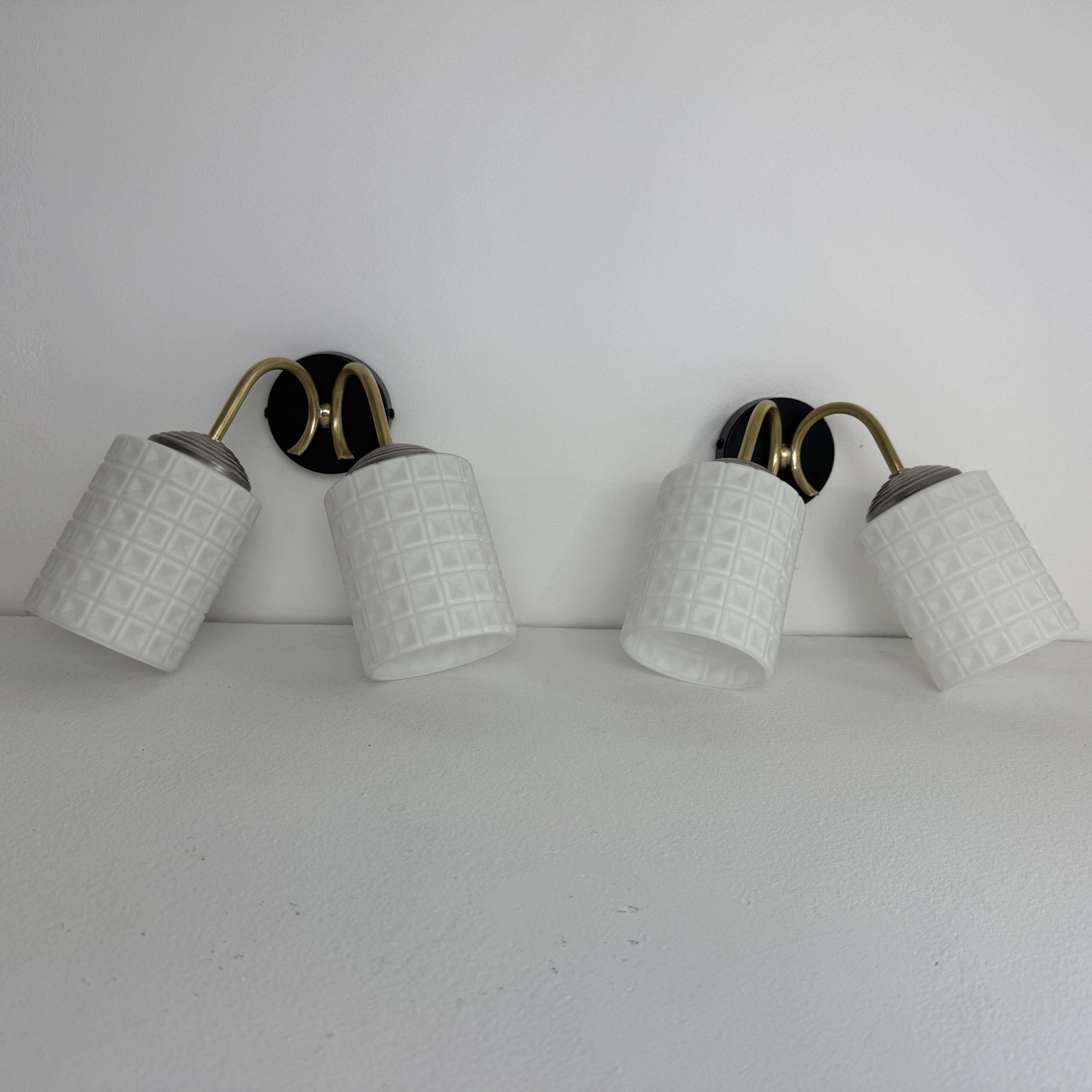 Pair of vintage 1950s double wall lights in opaline.