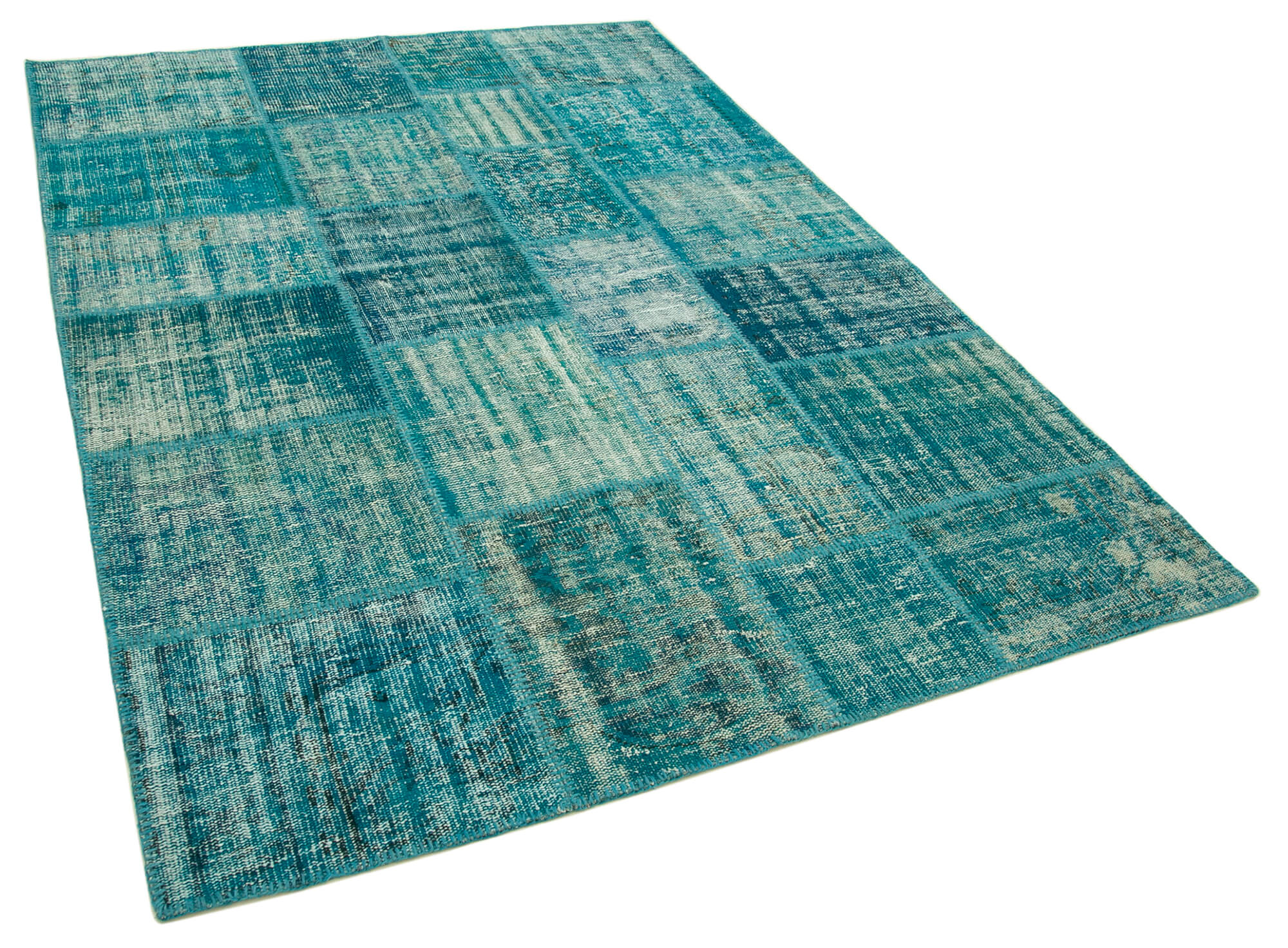 Handmade anatolian overdyed 175 cm x 242 cm turquoise patchwork carpet