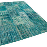 Handmade anatolian overdyed 175 cm x 242 cm turquoise patchwork carpet