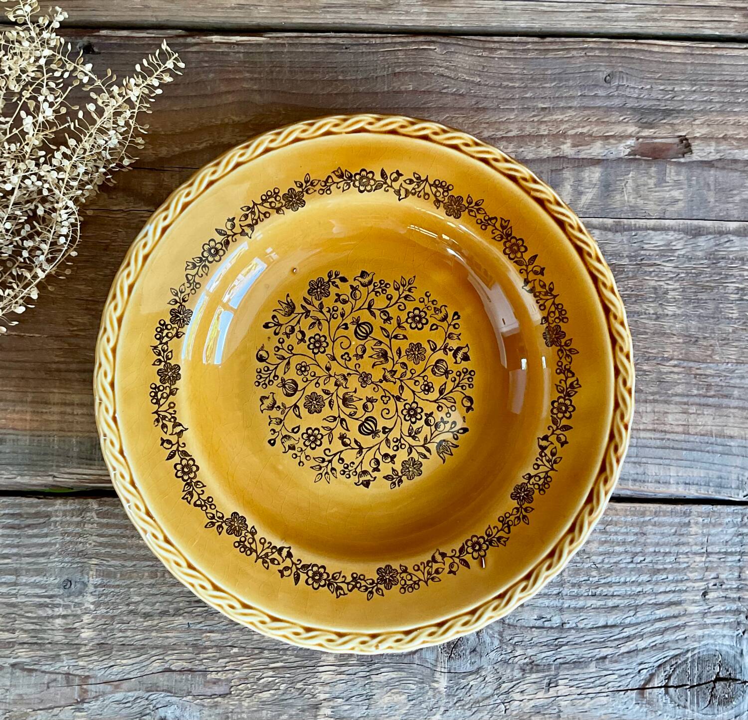 4 vintage amber ceramic soup plates
