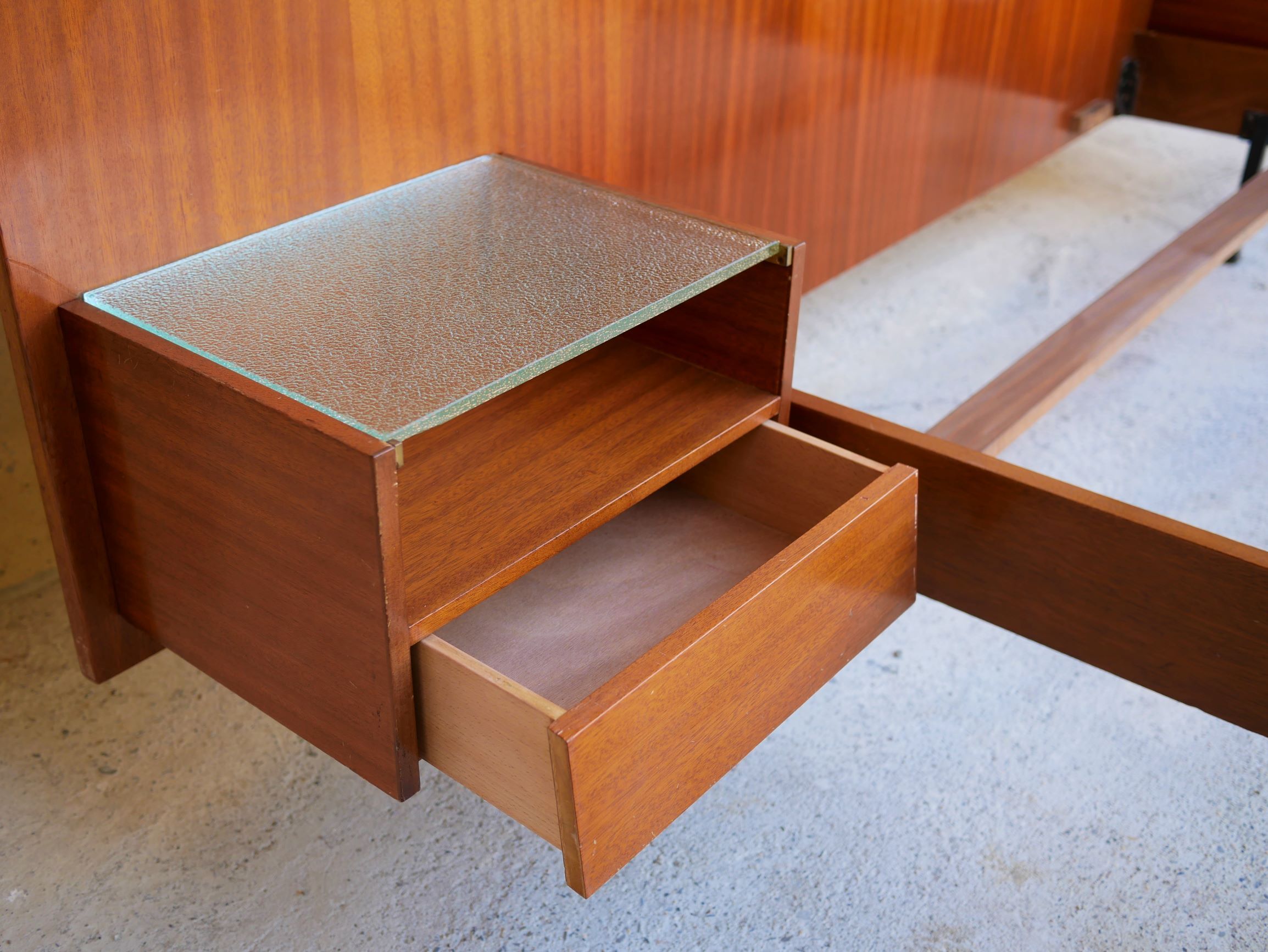 With suspended nightstands vintage teak bed