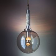 Scandinavian pendant light in brushed stainless steel marble and smoked glass globe. 1970