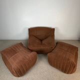 Armchair and two poufs – Annie Hiéronimus for Cinna – Corduroy velvet