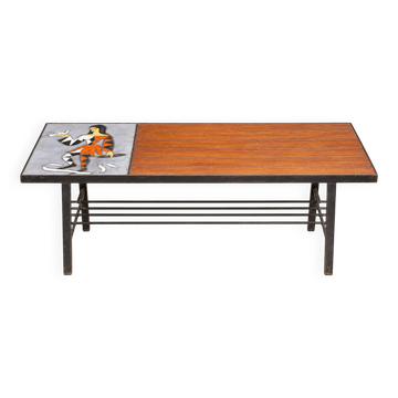 Table basse vintage en bois, métal et céramique décor Arlequin – Années 60/