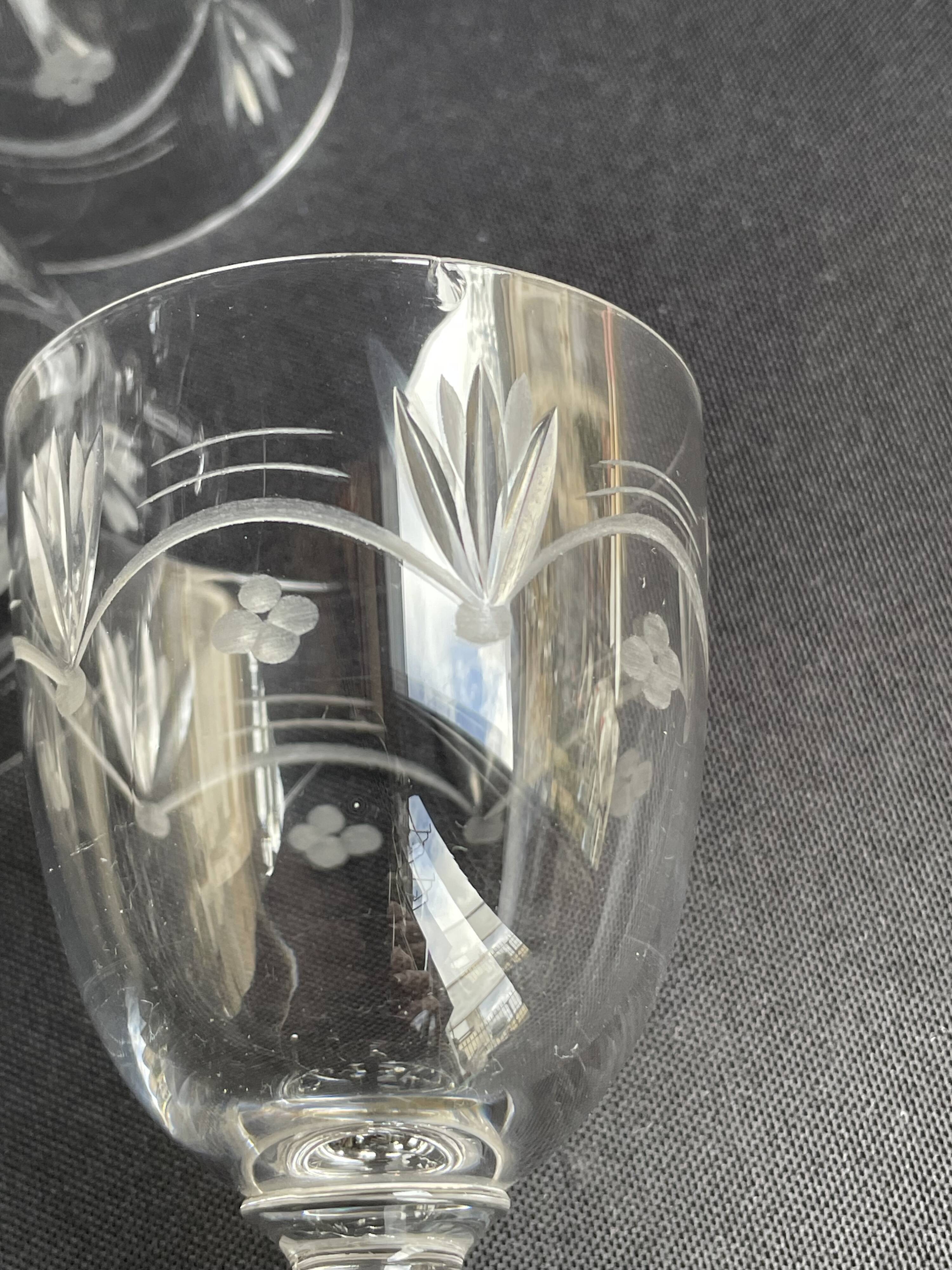 6 White wine or port glasses in blown, cut and engraved crystal