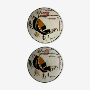 Duo of plates representing a Breton woman with her headdress