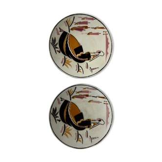 Duo of plates representing a Breton woman with her headdress