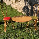 Coffee table & 2 vintage bamboo and rattan chairs 1950