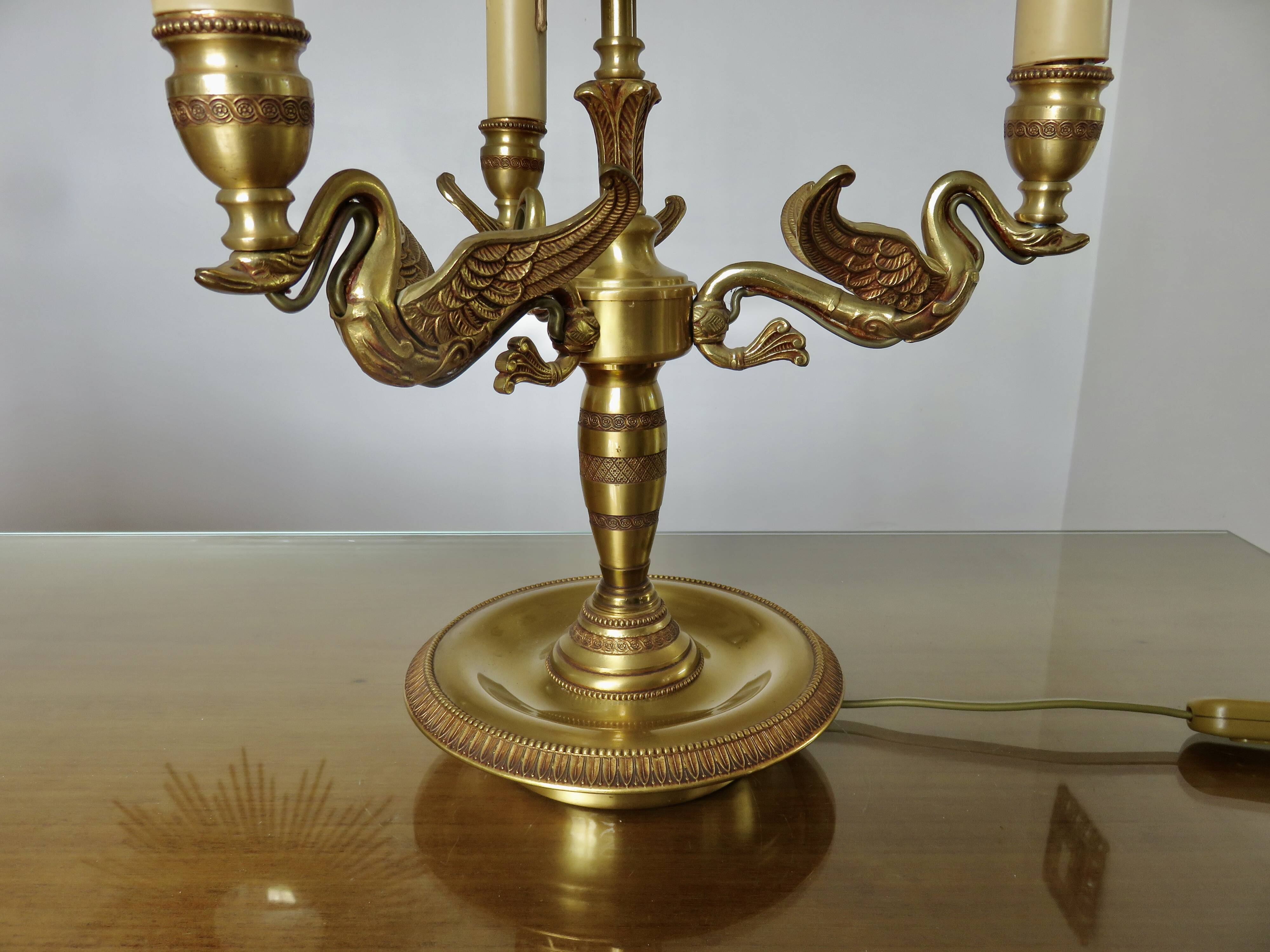 Lucien Gau empire style lamp in solid bronze gilded with bright gold "with swans"
