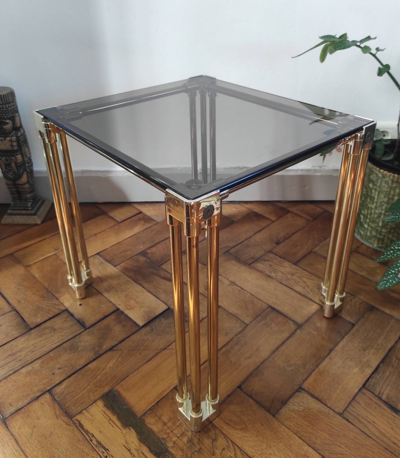 Vintage 1970s side table / Smoked glass accent table