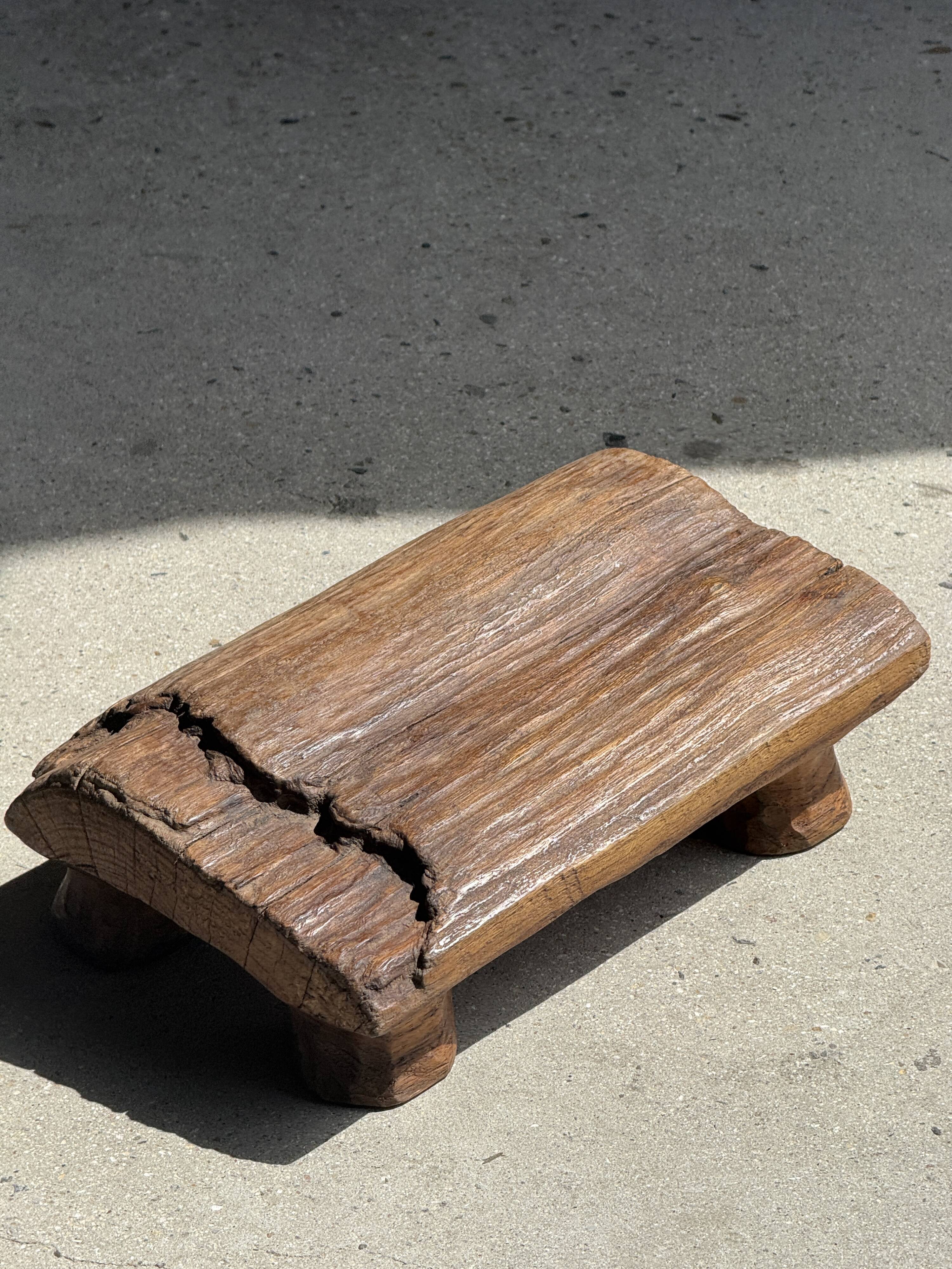 Small stool, footrest in organic blond teak monoxyle wabi-sabi L22