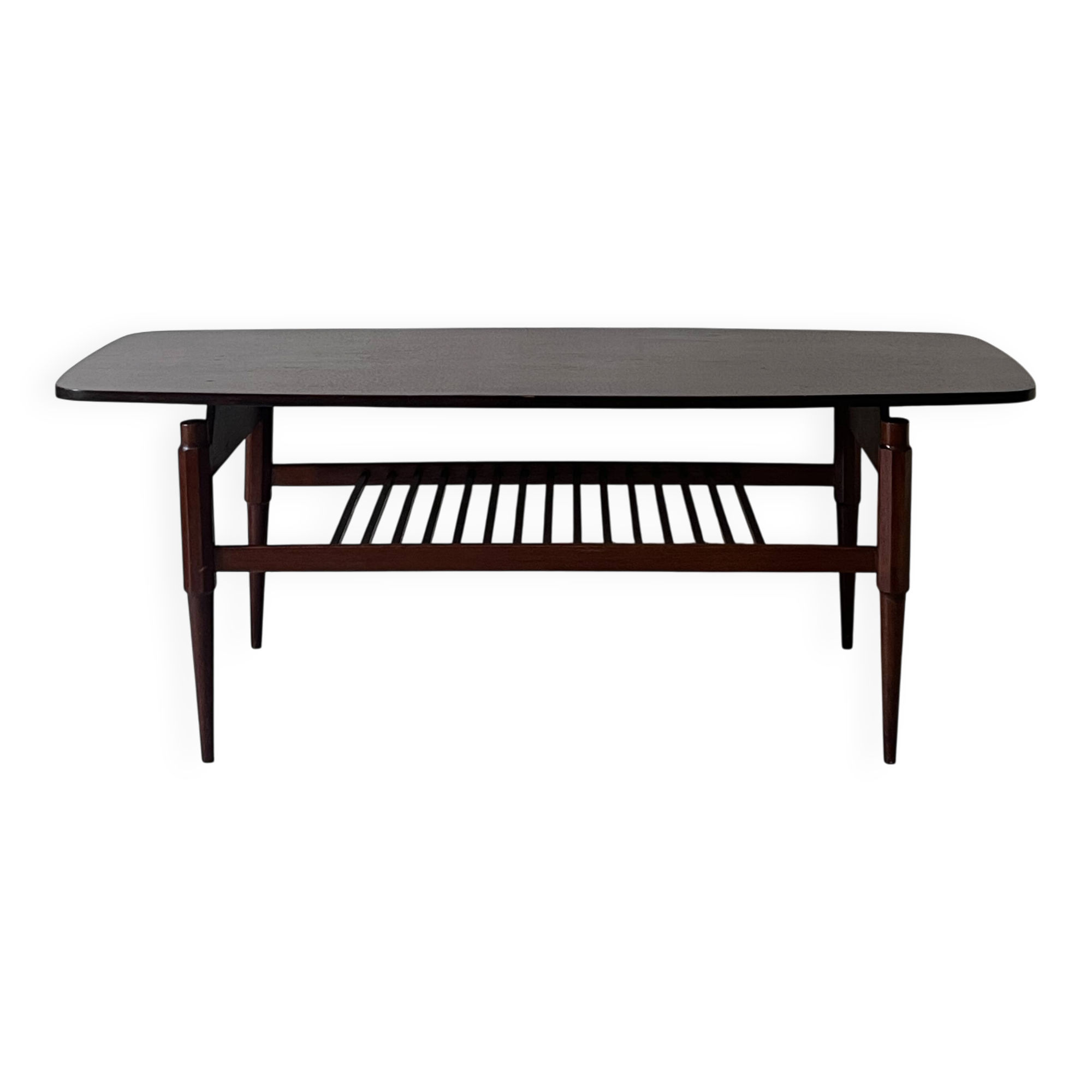 Danish teak coffee table with a double top, 1950s design.