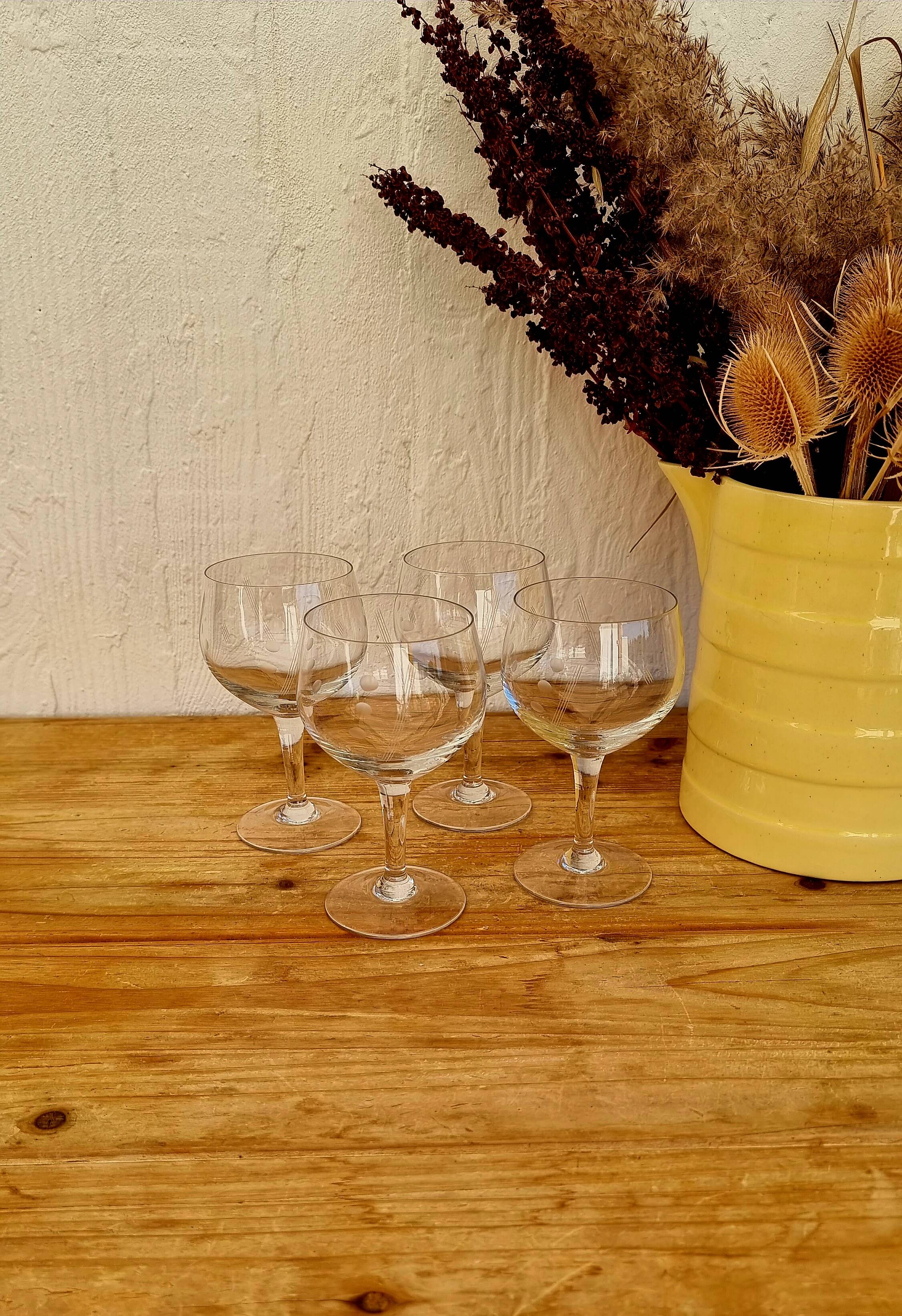 Set of 4 vintage engraved stemmed glasses