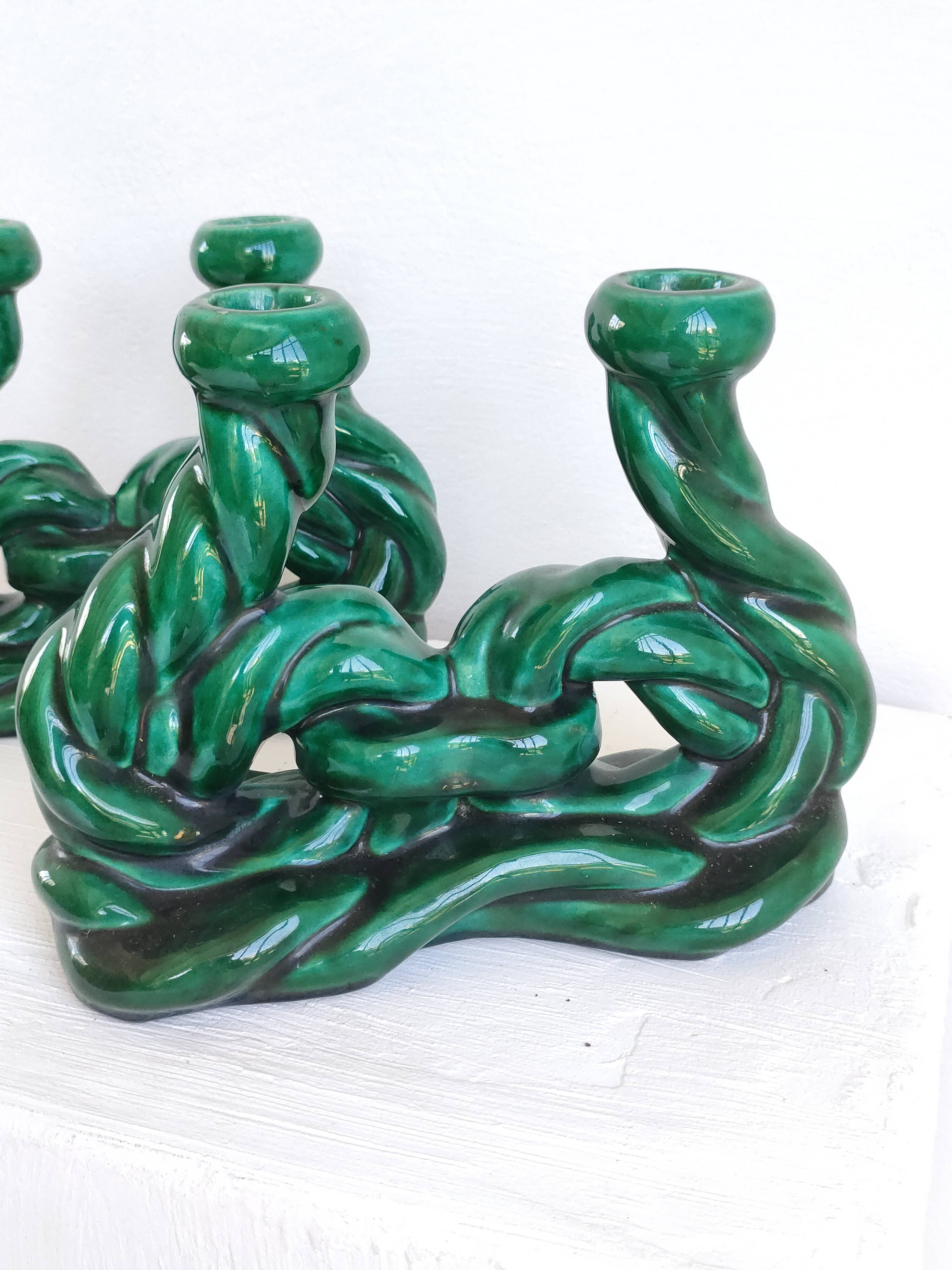Set of 2 green ceramic candlesticks signed Hubert Pernin, Vallauris