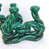 Set of 2 green ceramic candlesticks signed Hubert Pernin, Vallauris