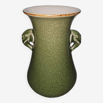 Green Cracked Ceramic Vase Elephant Handles China 20th Century