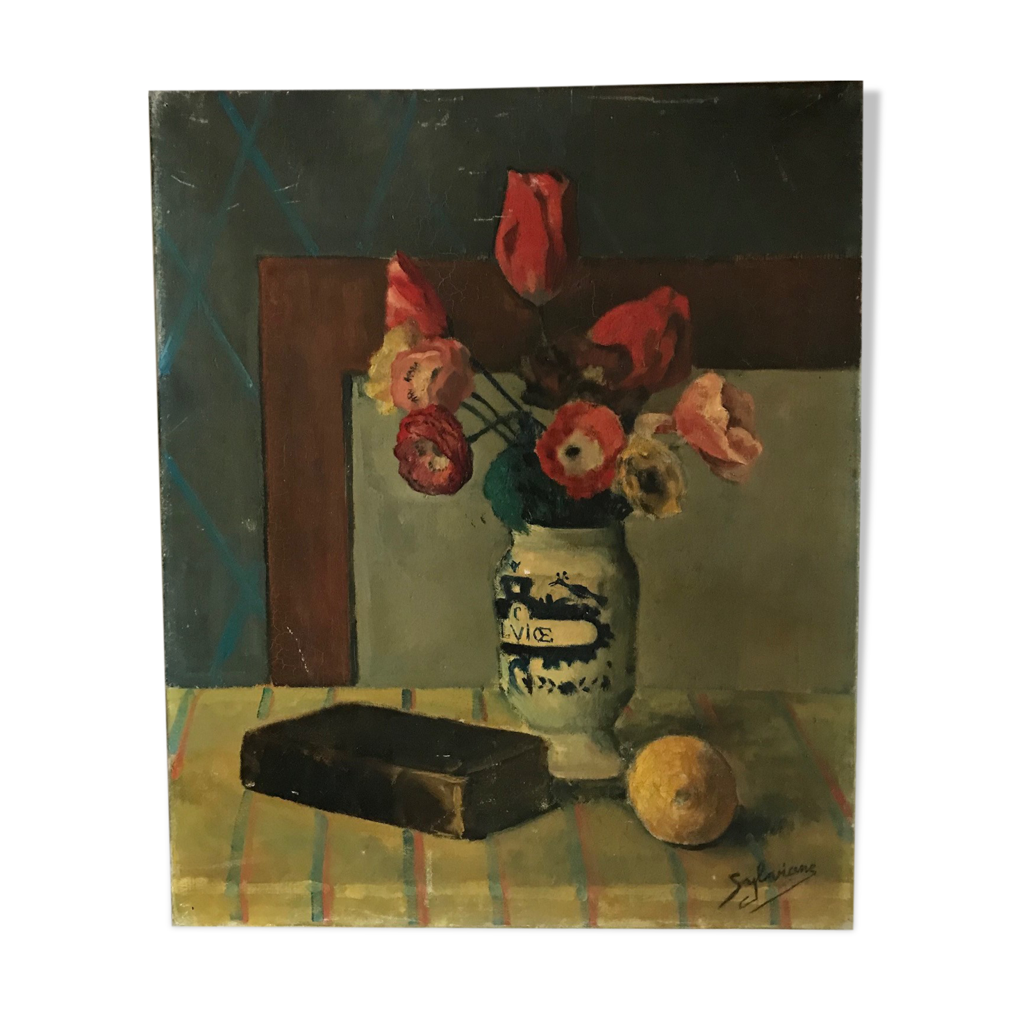 Still life painting vintage charm 1938 sign