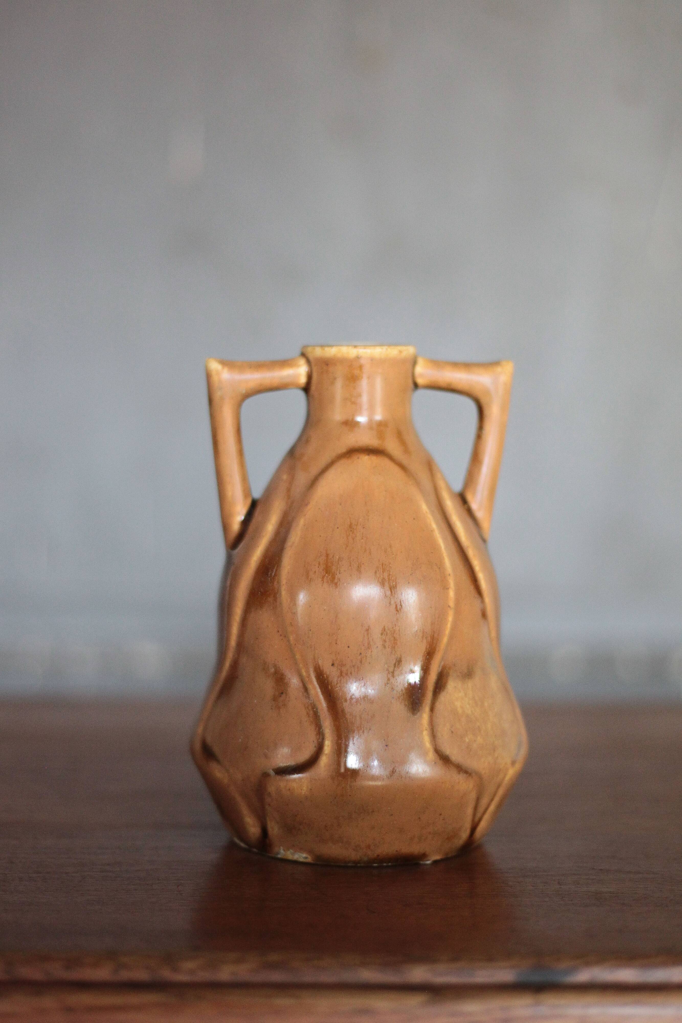 Vintage glazed ceramic vase, small vase with handles, interior decoration