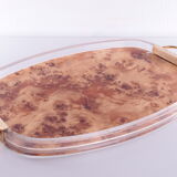 Plexiglass tray with golden handles and with a thin disk of walnut in between