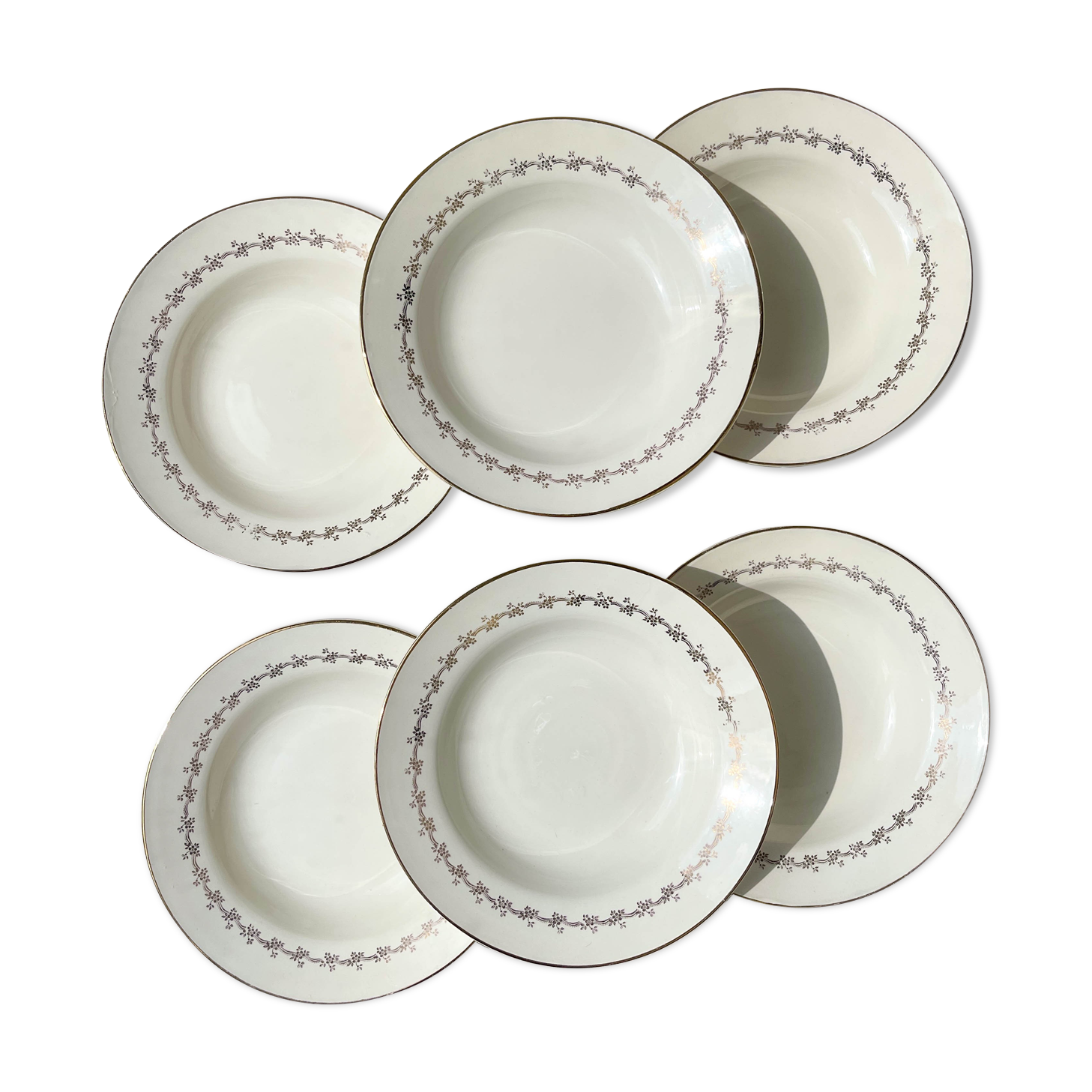 6 opaque porcelain soup plates from Digoin, "Suzy" model