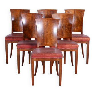 Six Art Deco Chairs, Walnut, Restored, Original Upholstery, France, 1920s