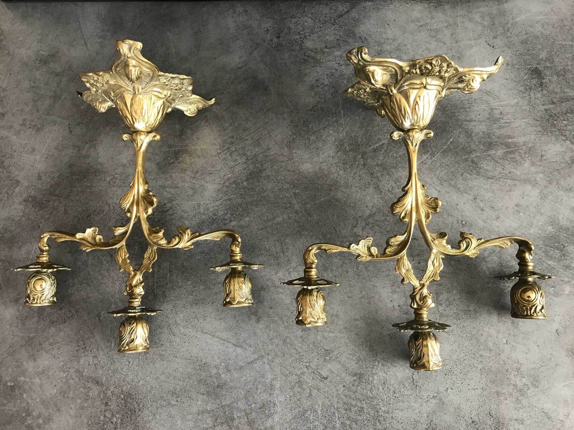 Pair of old candlesticks in bronze 3 lights rocaille style 28,5 cm