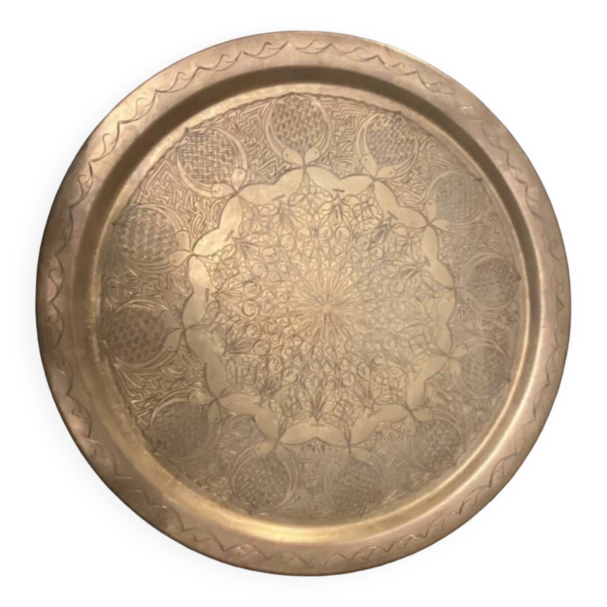 Old oriental tray in yellow copper