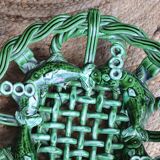 Antique woven basket in green glazed ceramic, fish decoration