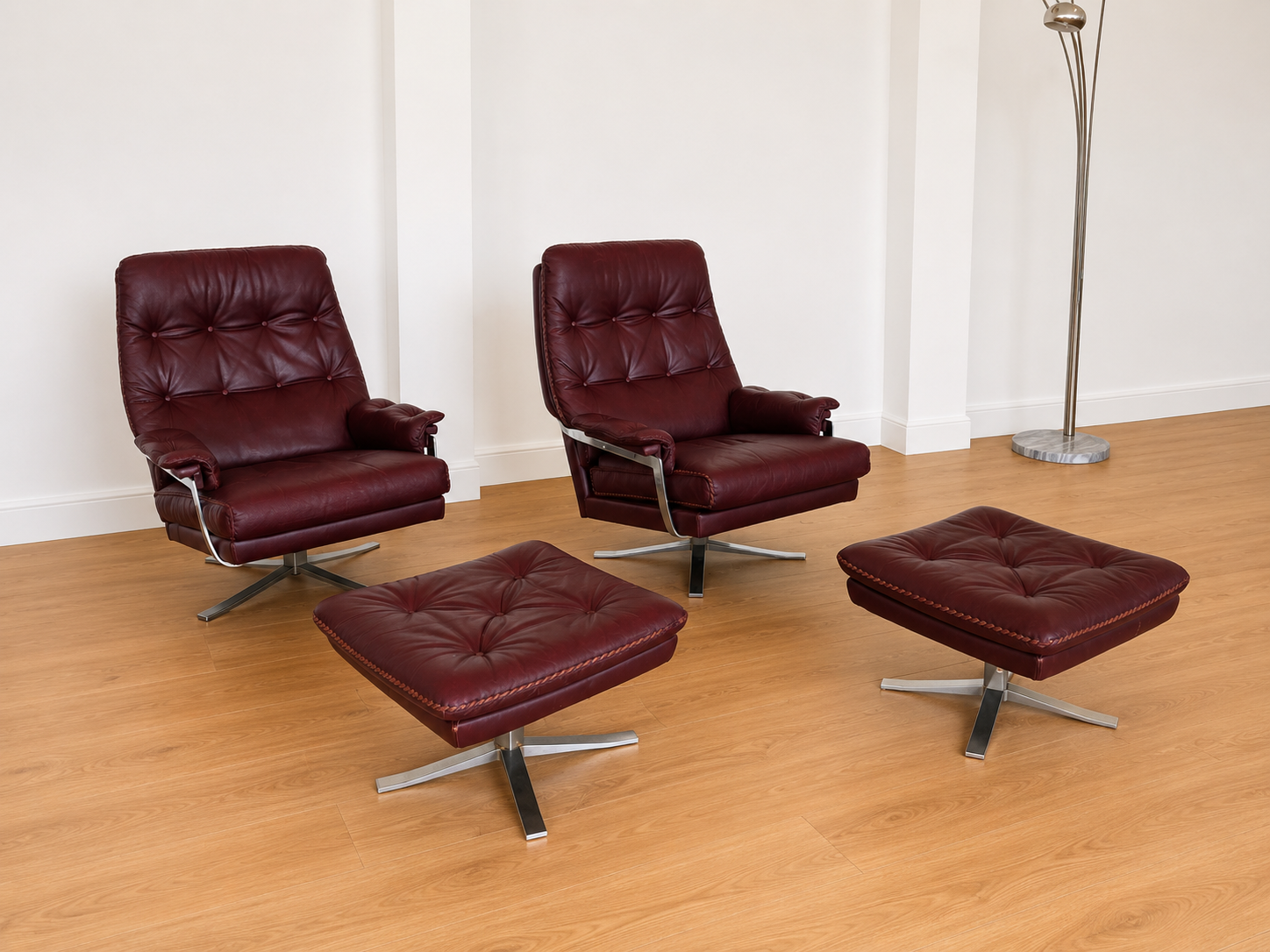 Vintage Swedish Arne Norell lounge chairs and matching stools 1970s