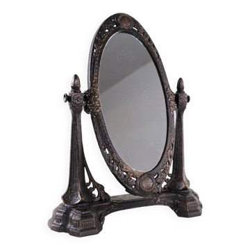 Art Nouveau table mirror with ornamental metal frame, early 20th century