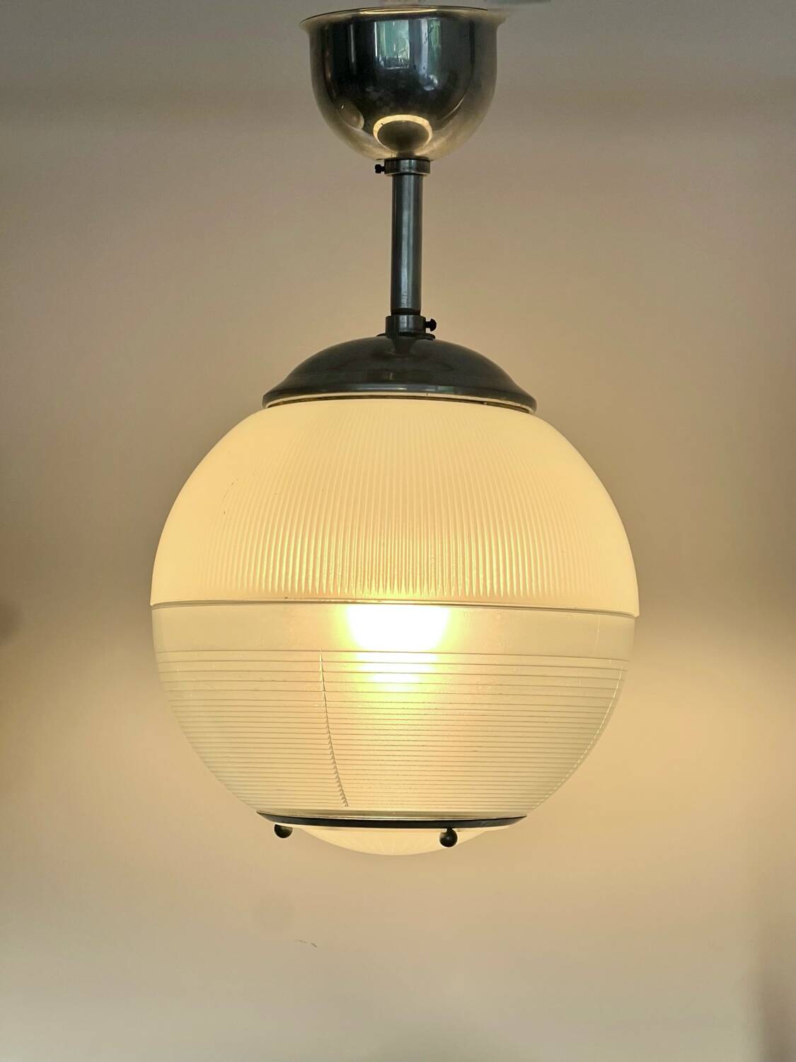 Pair of Holophane industrial design ball pendant lights