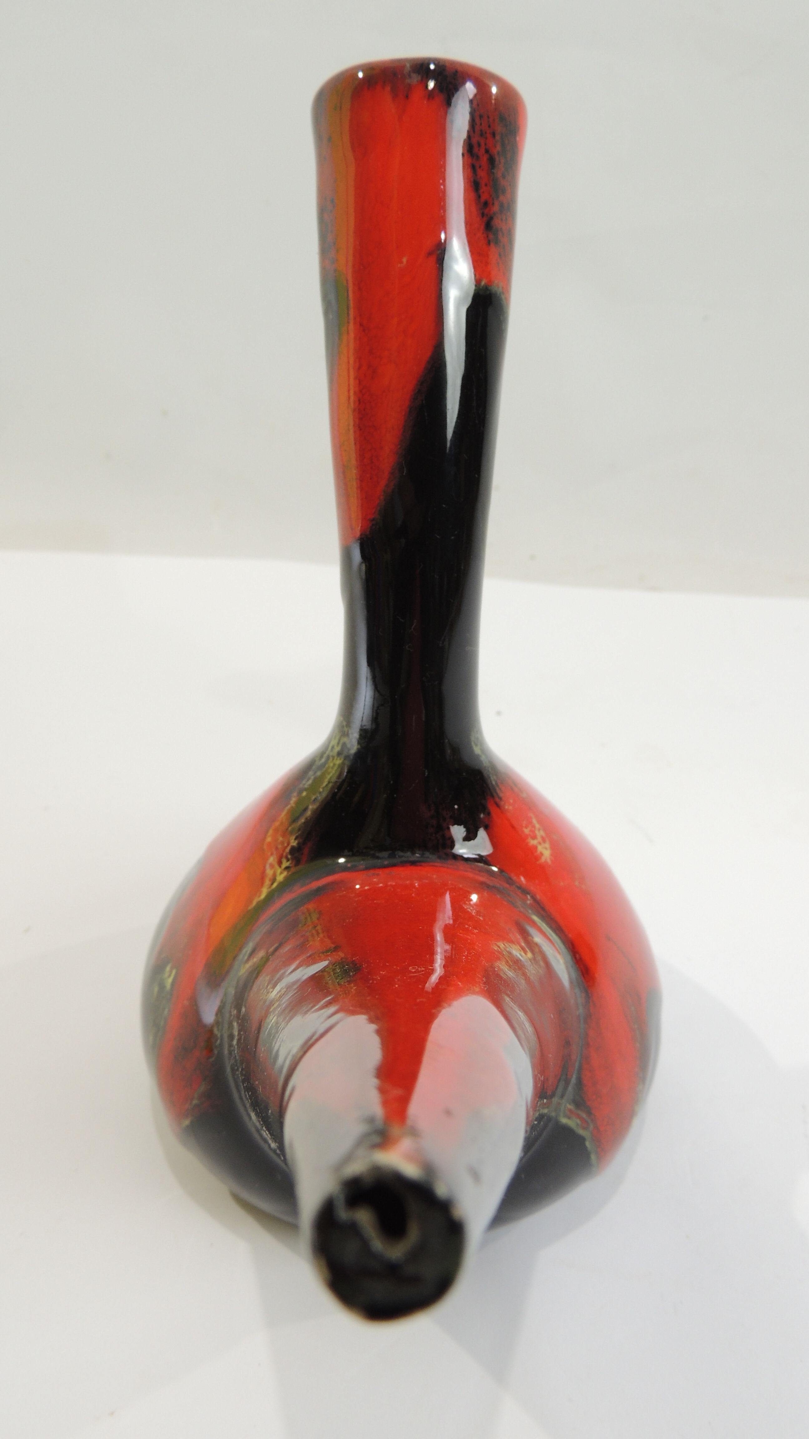 Glazed ceramic porron / Mid-century oil vase from Perpignan France black red and jau