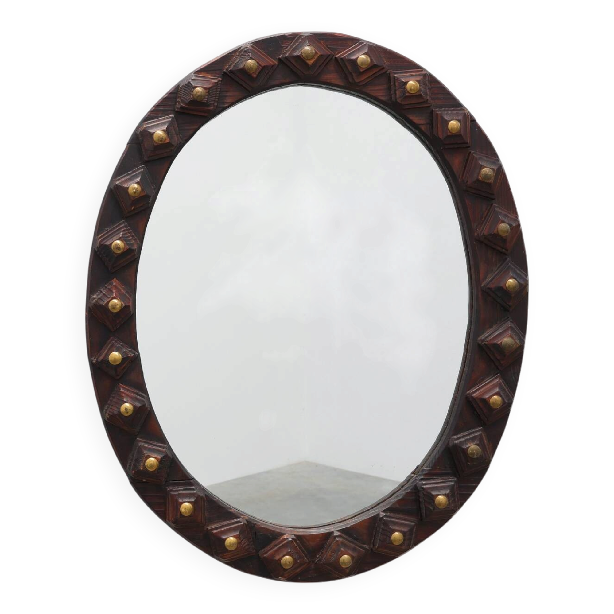 Spanish Brutalist Oval Mirror in Hand-Carved Wood with Brass Studs