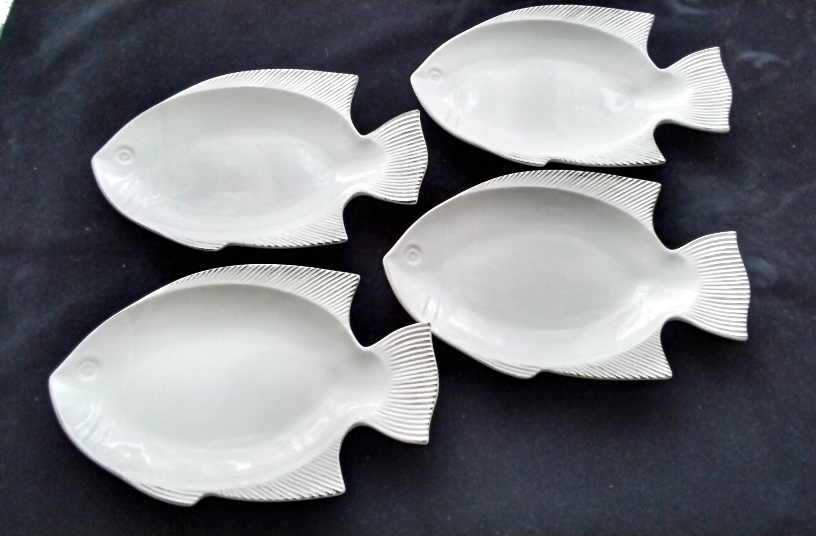4 zoomorphic ceramic fish plates Geneviève Lethu