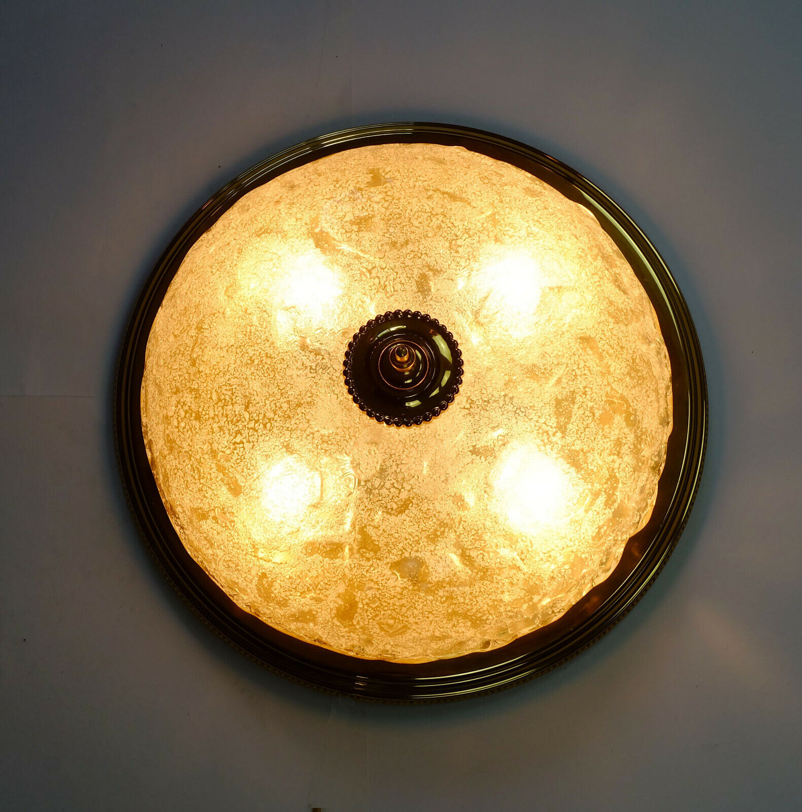 large vintage mid century ice glass and brass CEILING LAMP