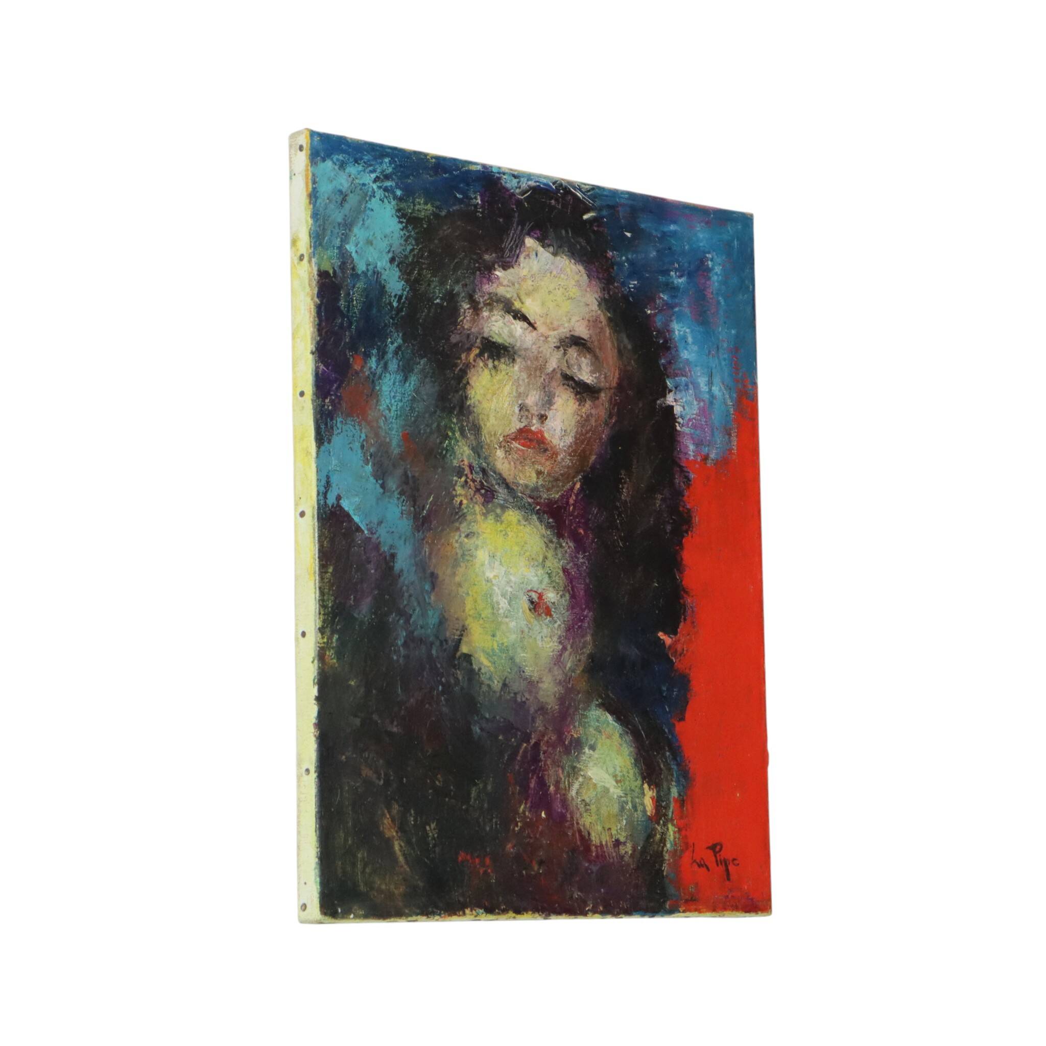 Vintage Abstract Painting on Canvas Nude Woman La Pipe