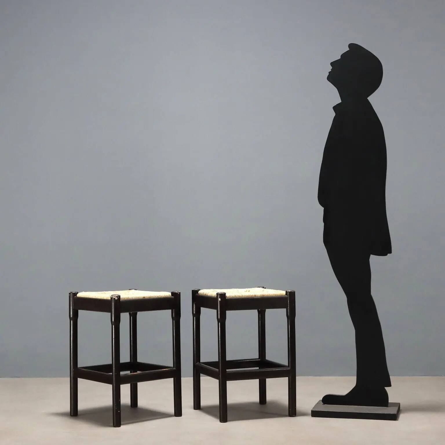 Pair of vintage wooden and rope stools, Italy, 1970s