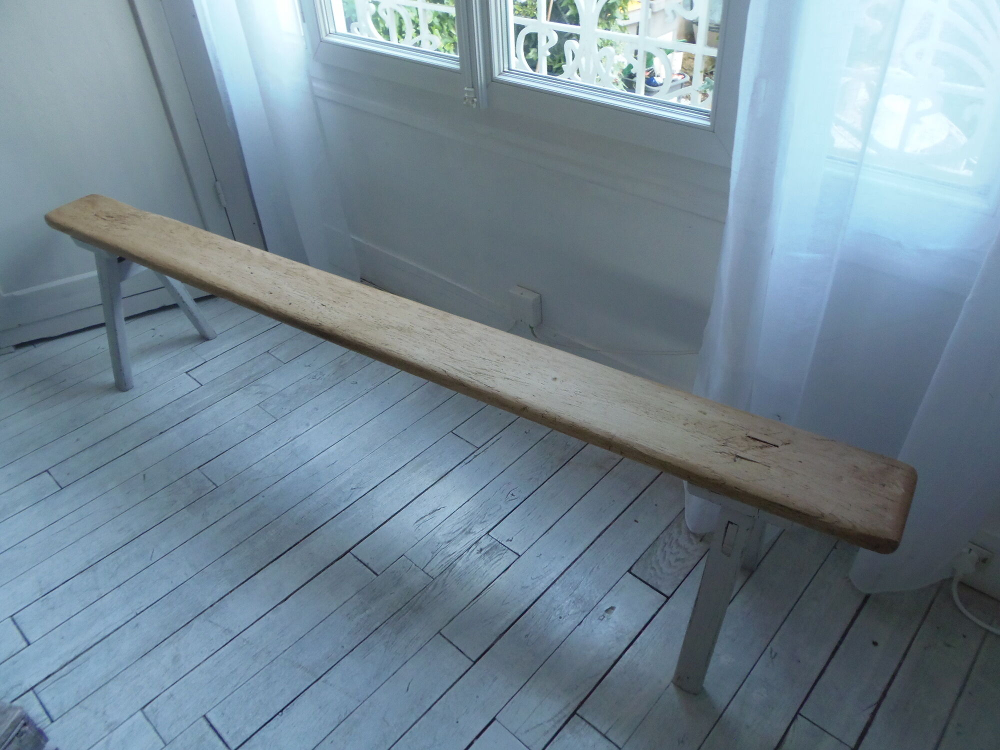Farmhouse bench, pearl grey patinated oak bed, wood seat waxed finish.