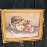 Aquarelle ancienne "panier de roses"